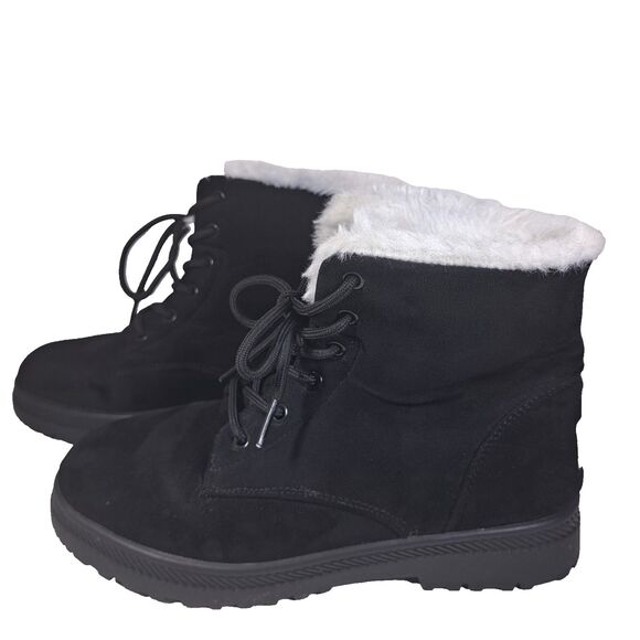 GO Winter Ankle Boots Faux Sherpa Lined size 38 (USA 7-71/2) Chunky Black Suede - Picture 4 of 6